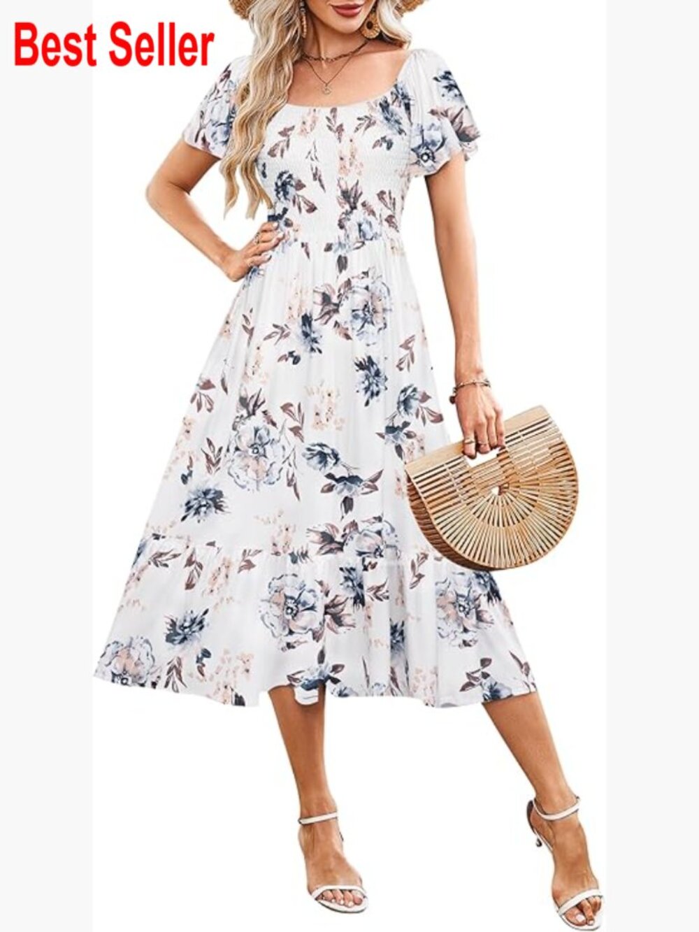 Summer Empire Waist Smocked Dress Flutter Sleeve Square Neck Midi
